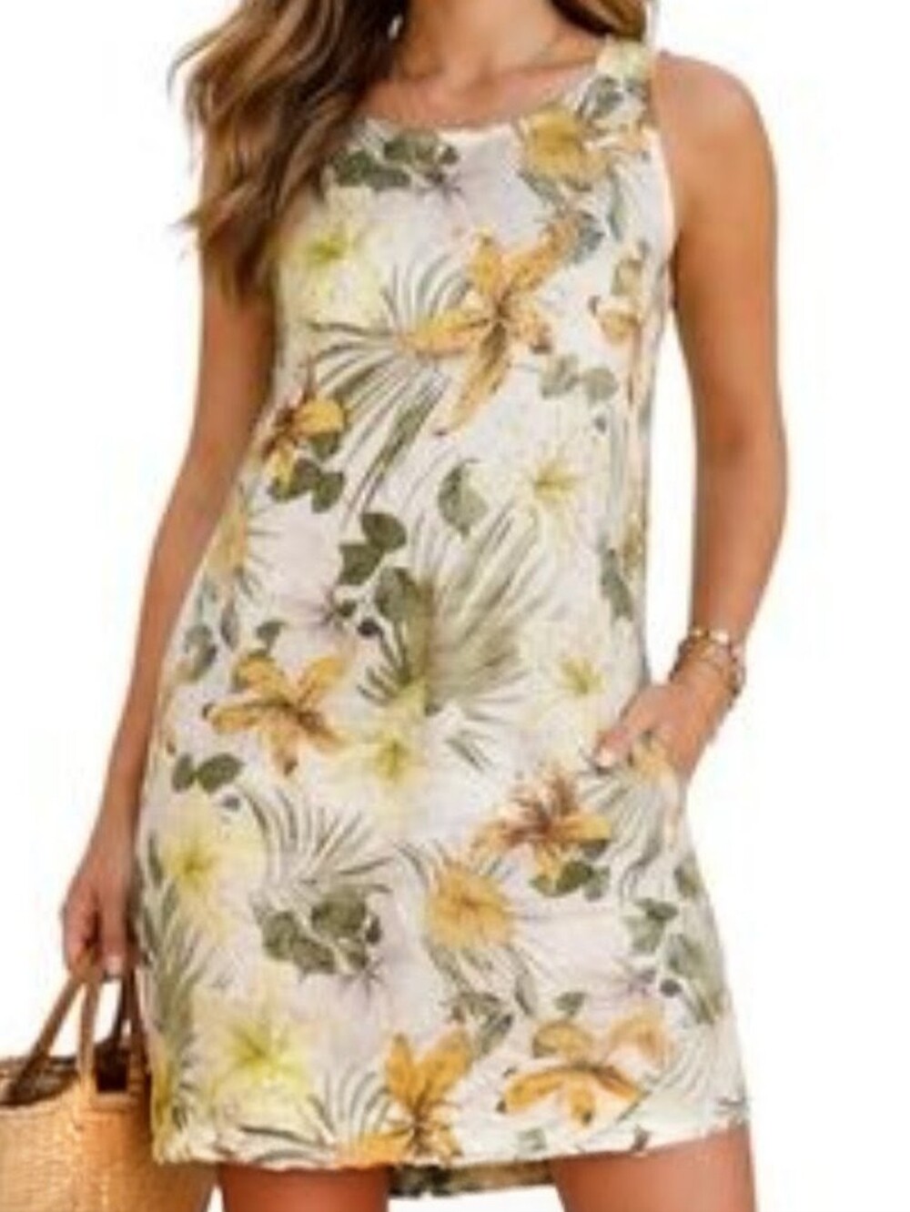 CHARLIE B Cream Floral Sleeveless Sundress with Yellow Accents